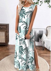White Tropical Plants Print Maxi A Line Dress