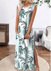 White Tropical Plants Print Maxi A Line Dress | thumb picture 