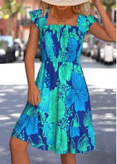 Multi Color Floral Print Short Sleeve Square Neck Dress