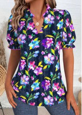 Dark Blue Random Floral Print Short Sleeve Blouse