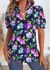 Dark Blue Random Floral Print Short Sleeve Blouse | thumb picture 