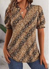 Dark Coffee Leopard Short Sleeve Split Neck Blouse