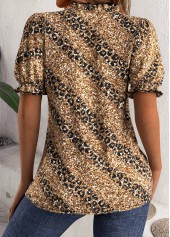 Dark Coffee Leopard Short Sleeve Split Neck Blouse | thumb picture 