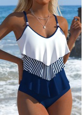 Mid Waisted Striped Navy Tankini Set