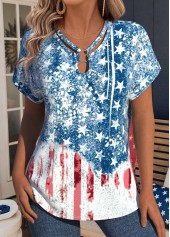 Blue Flag Print Short Sleeve V Neck T Shirt