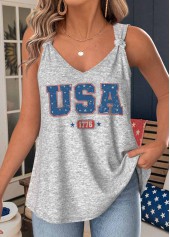 Grey Flag Print Strappy V Neck Tank Top