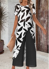 White Leaf Print Ankle Length Short Sleeve Top