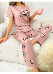 Pink Heart Print Short Sleeve Lounge Top and Pants