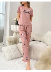 Pink Heart Print Short Sleeve Lounge Top and Pants