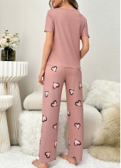 Pink Heart Print Short Sleeve Lounge Top and Pants