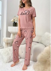 Pink Heart Print Short Sleeve Lounge Top and Pants