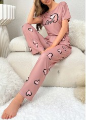 Pink Heart Print Short Sleeve Lounge Top and Pants