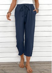 Navy Straight Leg Elastic Waist Mid Waisted Pants | thumb picture 