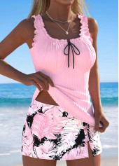 Mid Waisted Feathers Print Light Pink Tankini Set | thumb picture 
