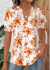 Orange Tummy Coverage Floral Print Short Sleeve Blouse