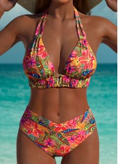 Mid Waisted Tropical Plants Print Pink Bikini Set