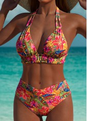 Mid Waisted Tropical Plants Print Pink Bikini Set | thumb picture 