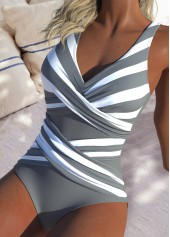 Striped Grey Ruched One Piece Swimwear