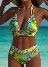 Mid Waisted Tropical Plants Print Green Bikini Set | thumb picture 