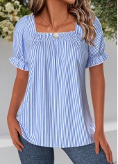 Blue Striped Short Sleeve Square Neck Blouse