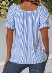 Blue Striped Short Sleeve Square Neck Blouse | thumb picture 