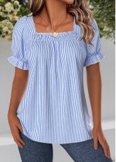 Blue Striped Short Sleeve Square Neck Blouse | thumb picture 