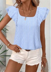 Blue Striped Short Sleeve Square Neck T Shirt | thumb picture 