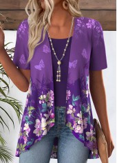 Purple Ombre Short Sleeve Fake Two Piece Twinset