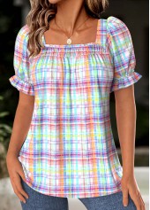 Multi Color Plaid Short Sleeve Square Neck Blouse