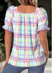 Multi Color Plaid Short Sleeve Square Neck Blouse | thumb picture 