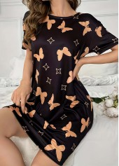 Black Animal Print Short Sleeve Round Neck Nightdress