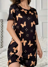 Black Animal Print Short Sleeve Round Neck Nightdress