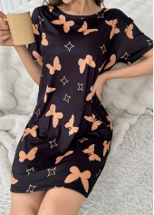 Black Animal Print Short Sleeve Round Neck Nightdress