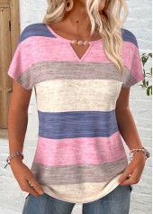 Multi Color Striped Short Sleeve Round Neck T Shirt
