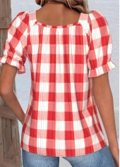 Red Plaid Short Sleeve Square Neck Blouse | thumb picture 