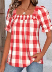 Red Plaid Short Sleeve Square Neck Blouse | thumb picture 