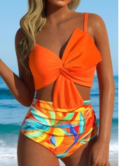 High Waisted Leaf Print Orange Bikini Set