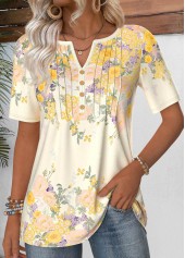 Light Yellow Short Sleeve Split Neck T Shirt