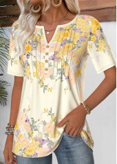 Light Yellow Short Sleeve Split Neck T Shirt