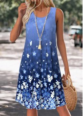 Blue Floral Print Tummy Coverage Sleeveless Round Neck Dress | thumb picture 