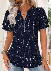 Navy Geometric Print Short Sleeve Split Neck Blouse
