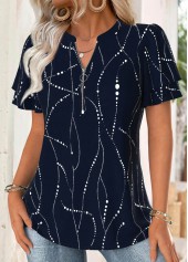 Navy Geometric Print Short Sleeve Split Neck Blouse | thumb picture 