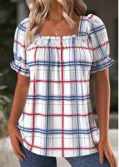 White Plaid Short Sleeve Square Neck T Shirt