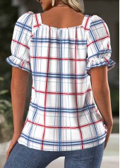 White Plaid Short Sleeve Square Neck T Shirt