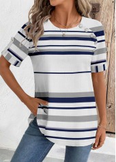 White Striped Short Sleeve Round Neck Blouse