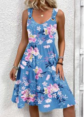 Blue Floral Print A Line Sleeveless V Neck Dress