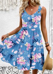 Blue Floral Print A Line Sleeveless V Neck Dress | thumb picture 