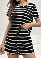 Black Striped Short Sleeve Lounge Top and Shorts | thumb picture 