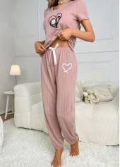 Pink Heart Print Short Sleeve Lounge Top and Pants | thumb picture 