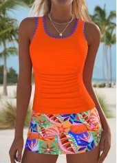 Mid Waisted Tropical Plants Print Orange Tankini Set